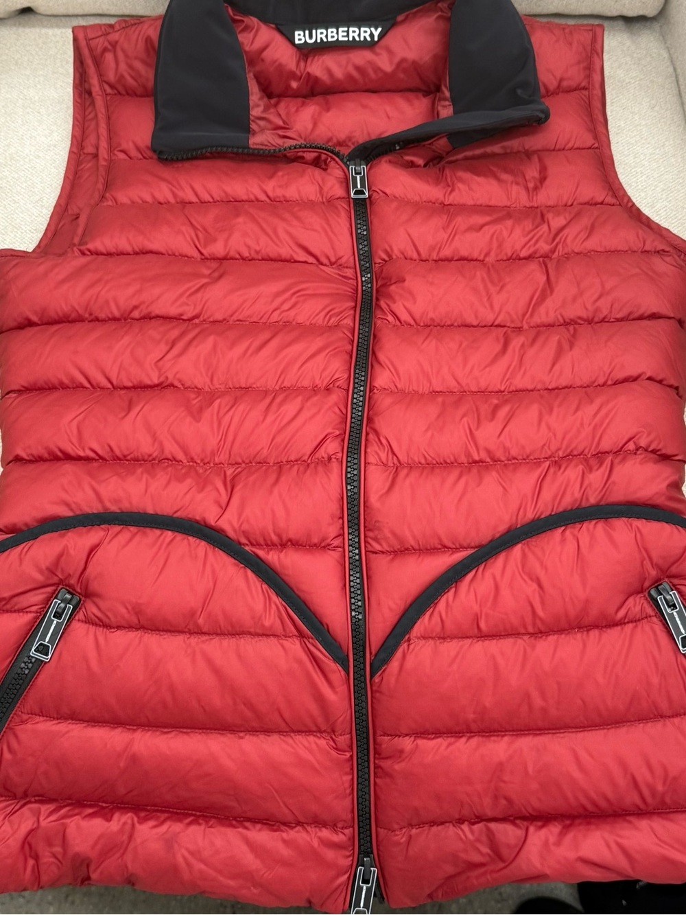 Burberry Red Quilted Puffer Vest with Black Trim